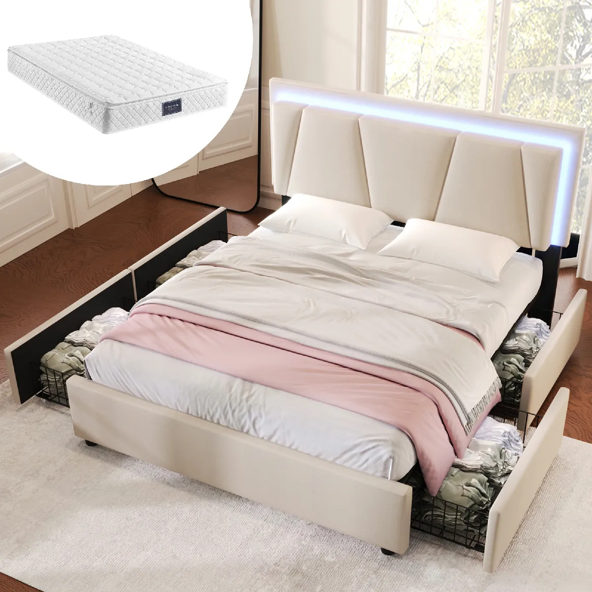 Lit 140x200 cm avec 4 tiroirs, lit capitonné beige LED réglable, matelas inclus