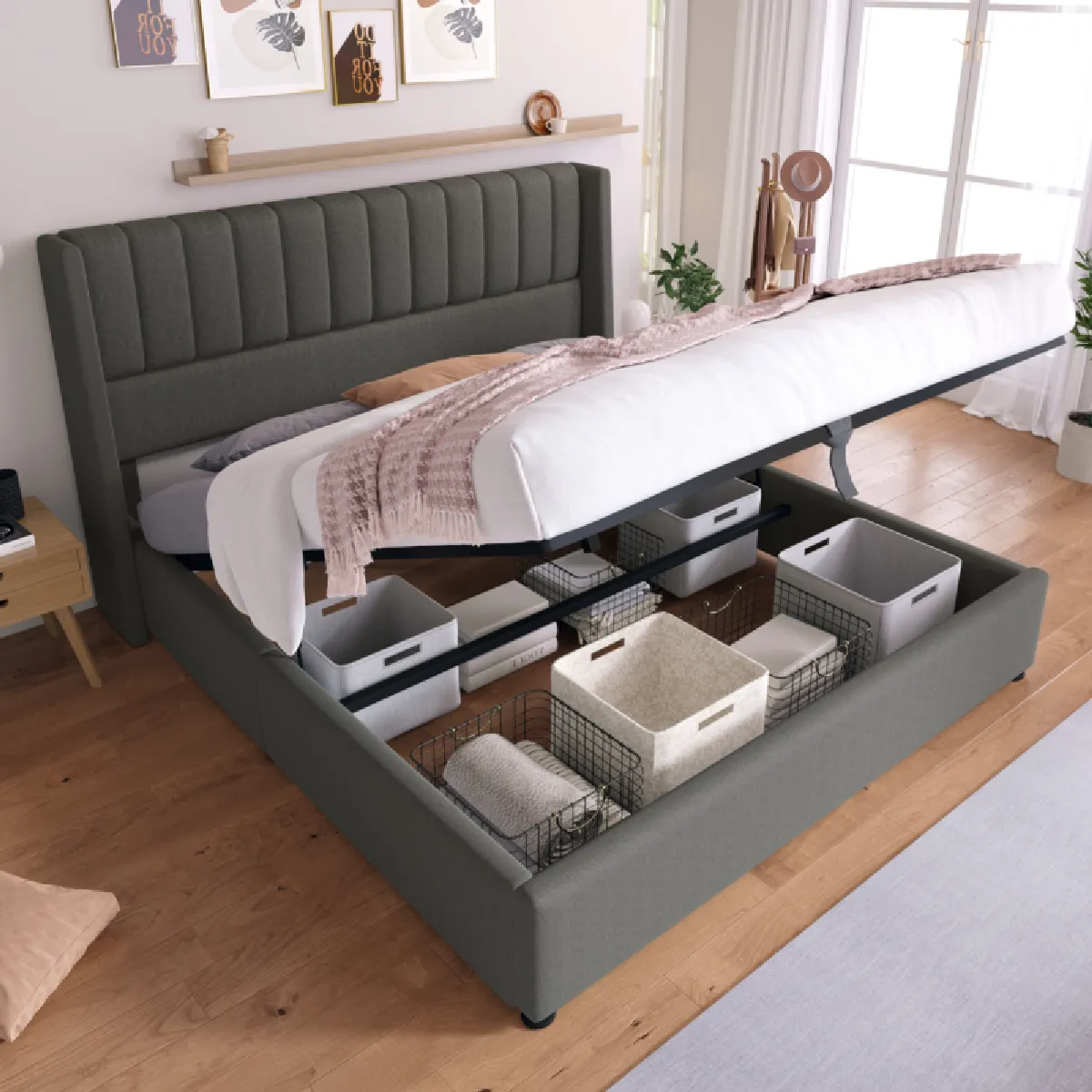 Lit coffre 160x200 cm Lit sommier à lattes - Gris Lit coffre 160x200 cm Lit sommier à lattes - Gris