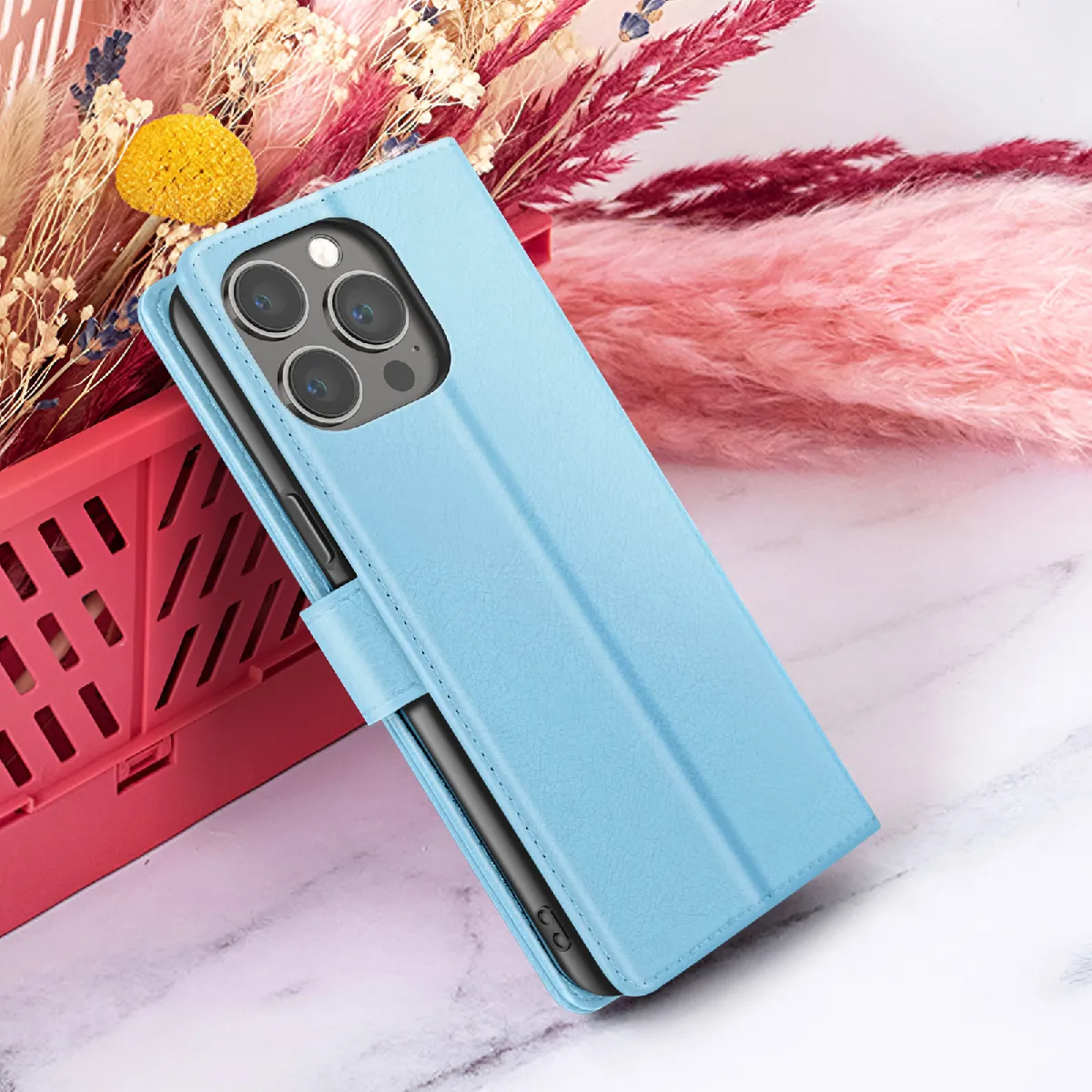 GENERIQUE - Étui Portefeuille iPhone 13 Pro - Support Vidéo - Bleu Clair - Image 2