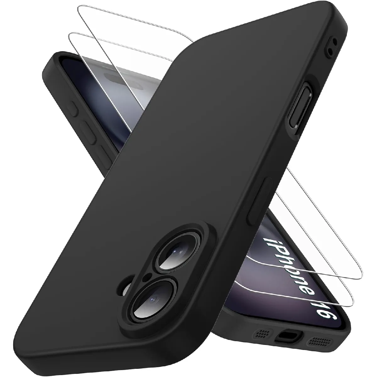 Coque Pour iPhone 16 Silicone Noir + 2 Verres Trempes