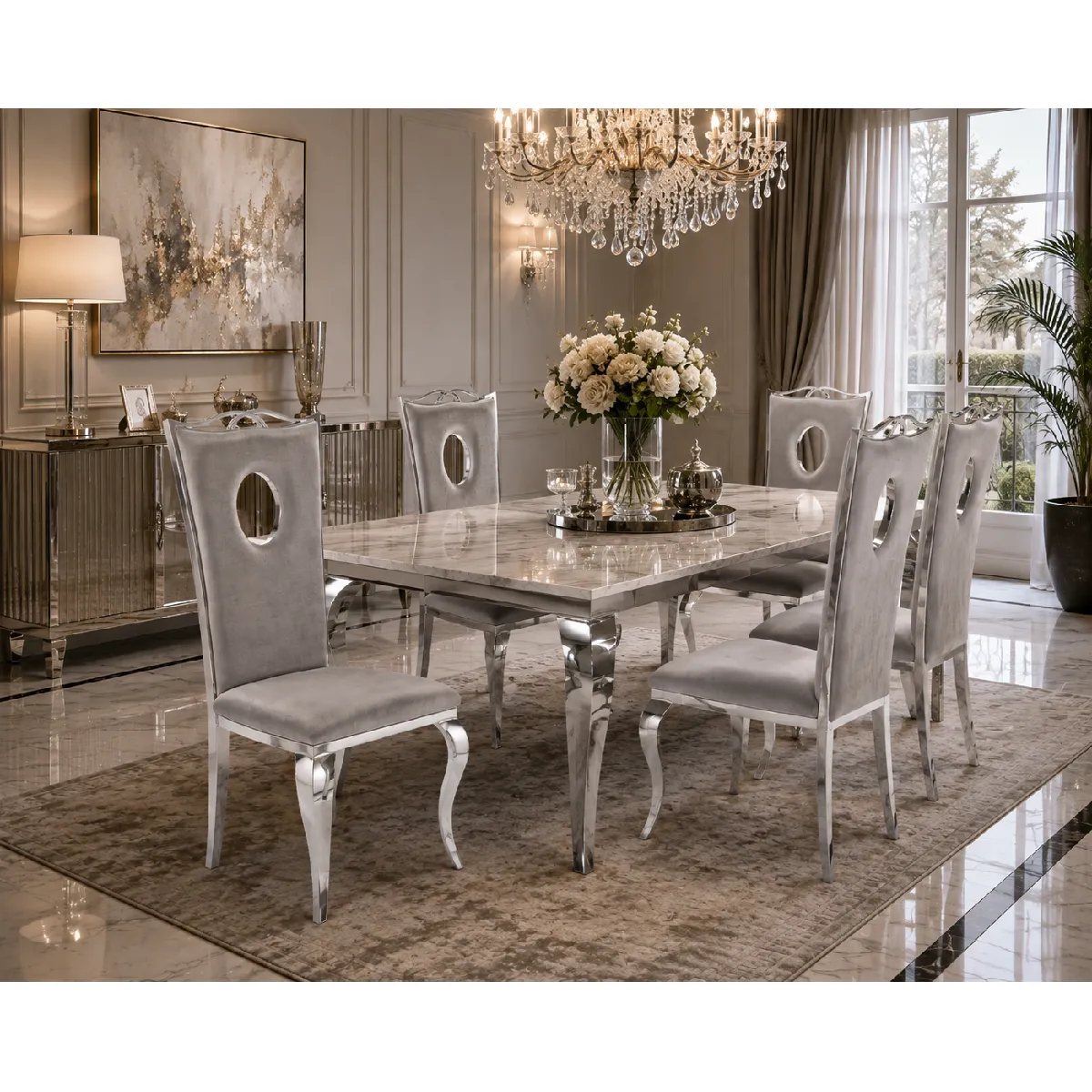 Lot de 4 Chaises baroque ROYAL Chrome Velours Gris