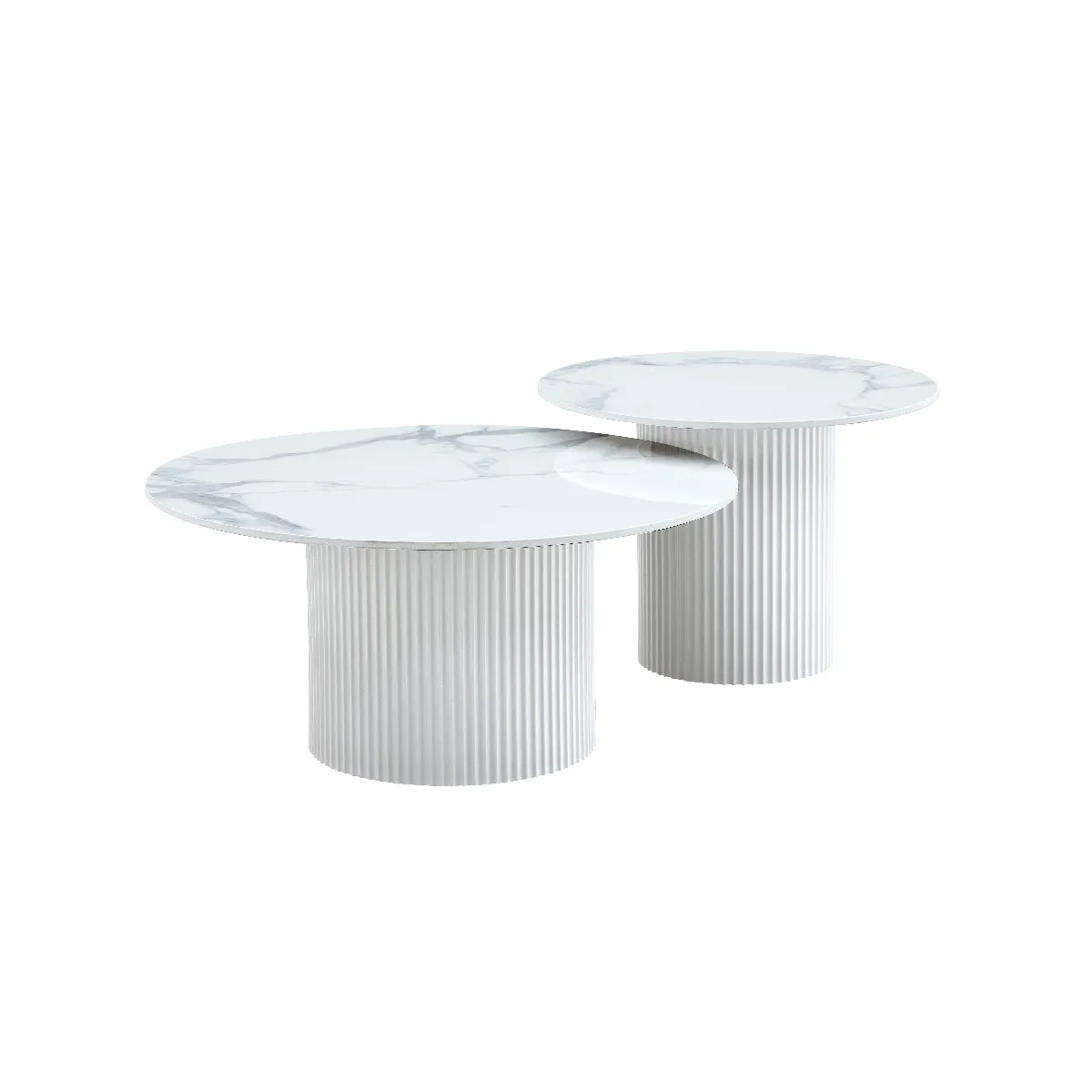 Comparer les prix de Duo de Tables Basses Gigognes MINA Pieds Blancs – Travertin, Bois Blanc ou Marbre Blanc – 60x45 / 80x38 cm