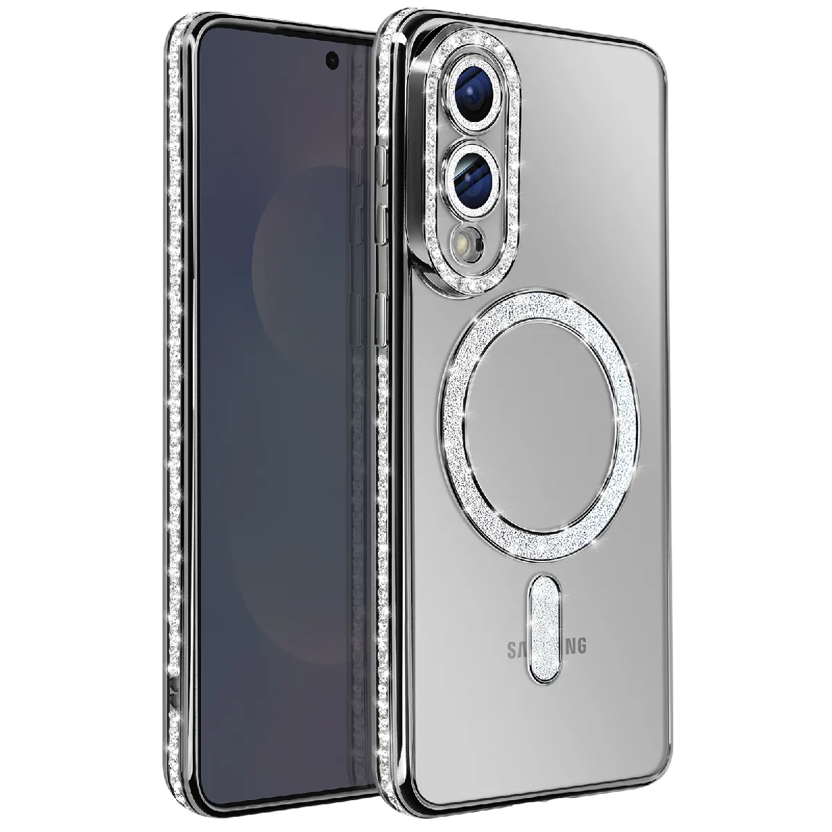 Avizar Noir Coque Pour Galaxy S25 Edge Compatible Magsafe Avec Contour Strassé