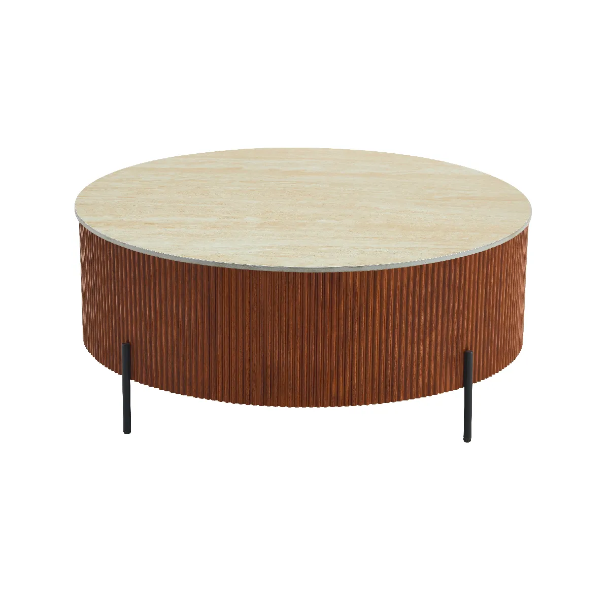 Comparer les prix de Table Basse RUBY – Céramique Effet Travertin – Pied Métal – Ø80 cm