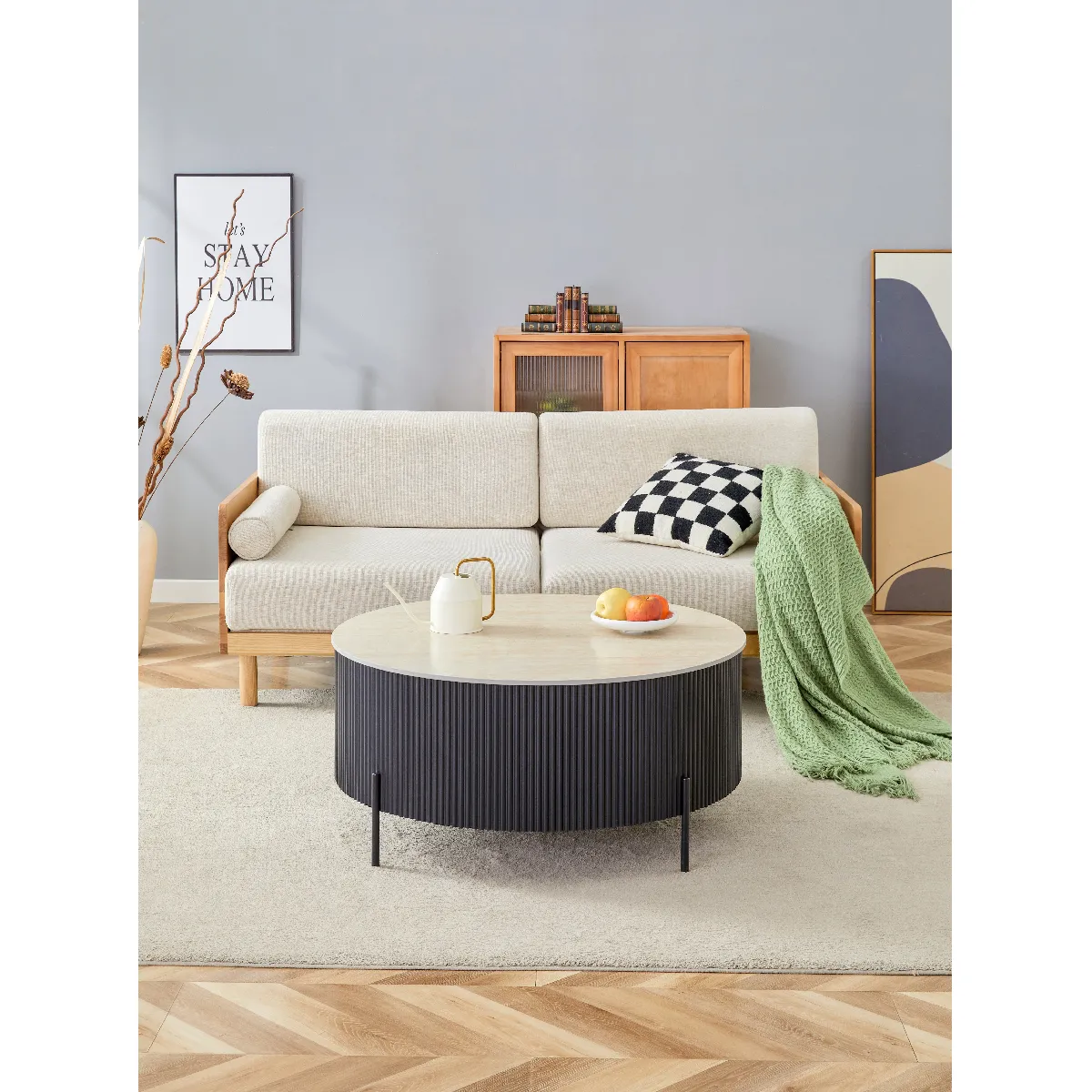 Meilleurs prix pour Table Basse RUBY – Ø90 cm – Plateau Céramique Effet Travertin – Pied Métal - Noir