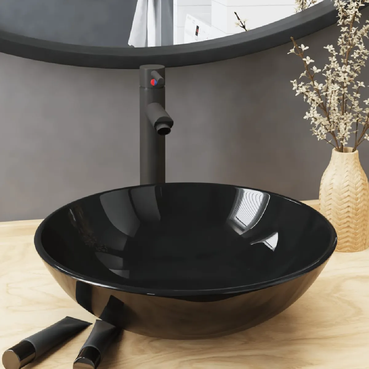 vidaXL Lavabo de bain avec robinet et drain à poussoir Verre trempé 42 x 14 cm Diam. x H Or - vue 5