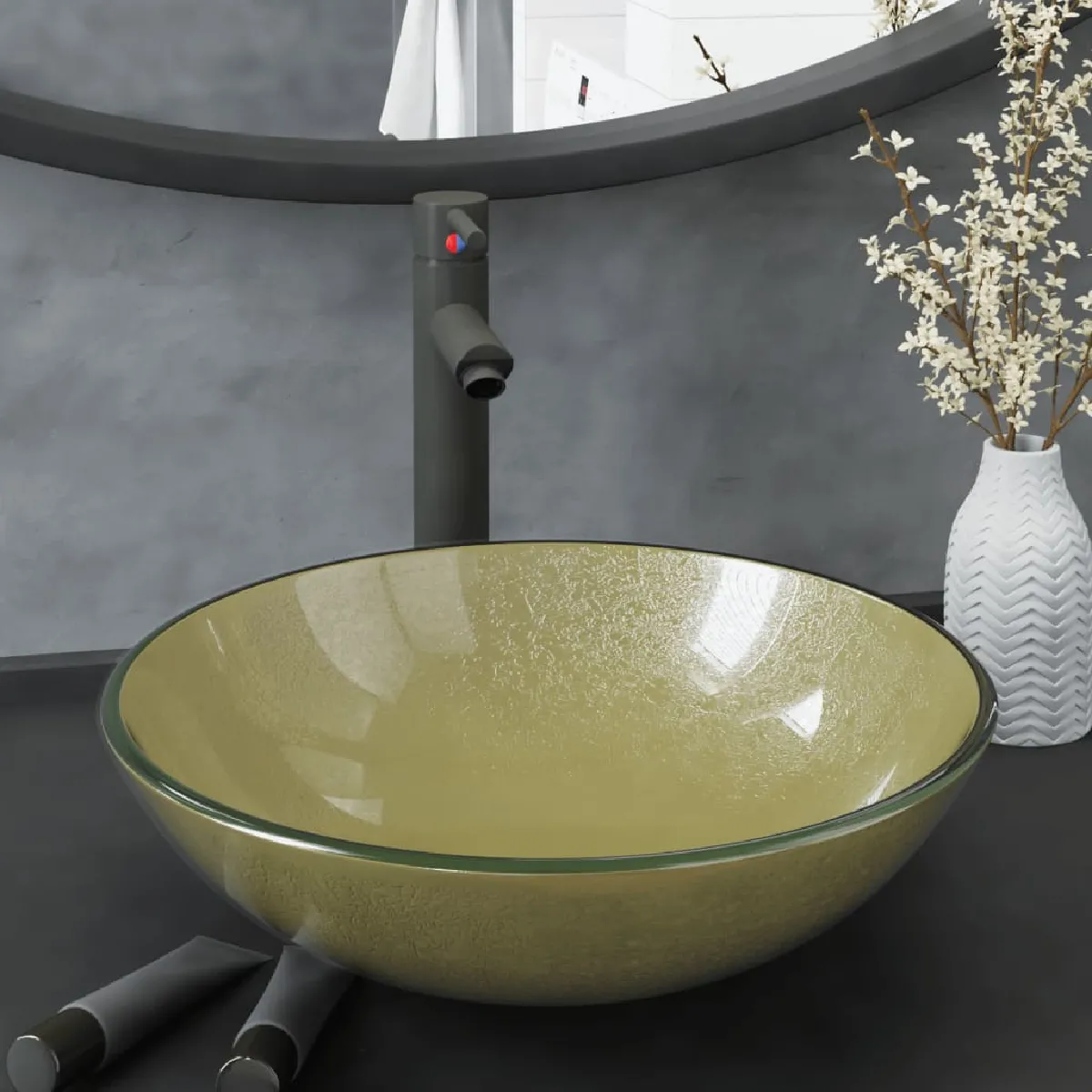 vidaXL Lavabo de bain avec robinet et drain à poussoir Verre trempé 42 x 14 cm Diam. x H Or - vue 2