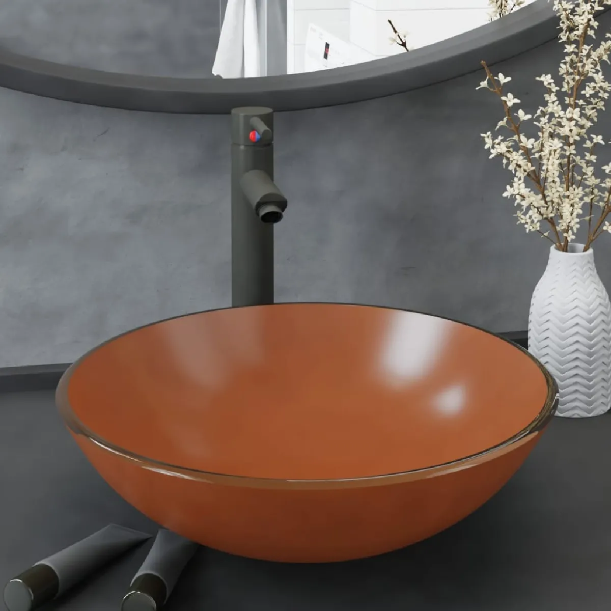 vidaXL Lavabo de bain avec robinet et drain à poussoir Verre trempé 42 x 14 cm Diam. x H Or - vue 3