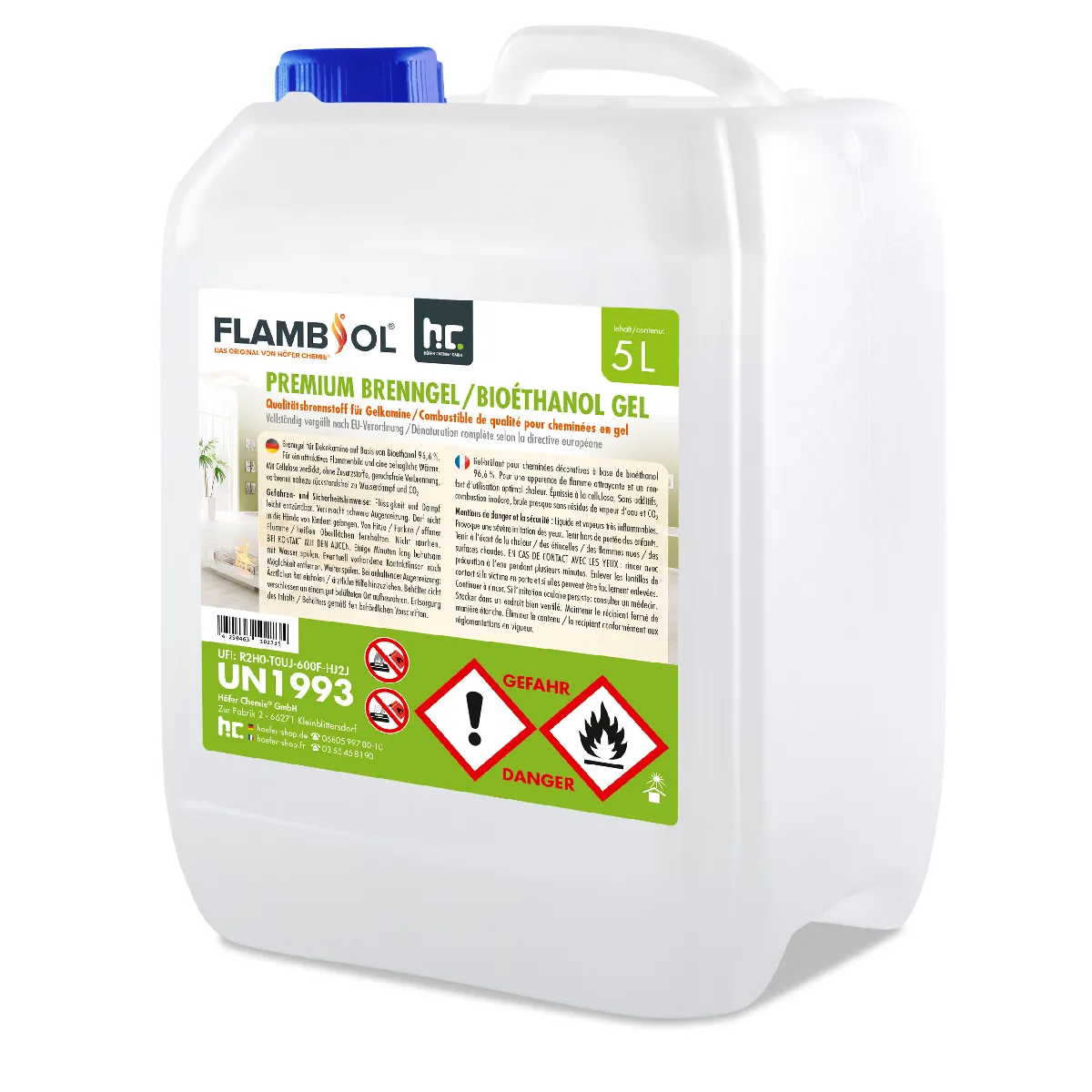 Gel combustible bioéthanol FLAMBIOL® Premium pour cheminées intérieures et extérieures