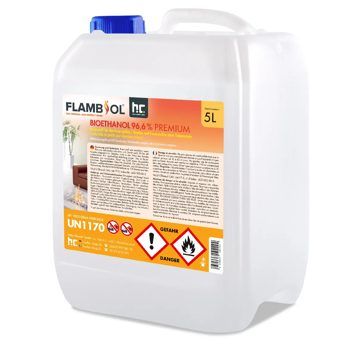 Bioéthanol 96 6% FLAMBIOL® Combustible de Cheminée en Bidon de - vue 2