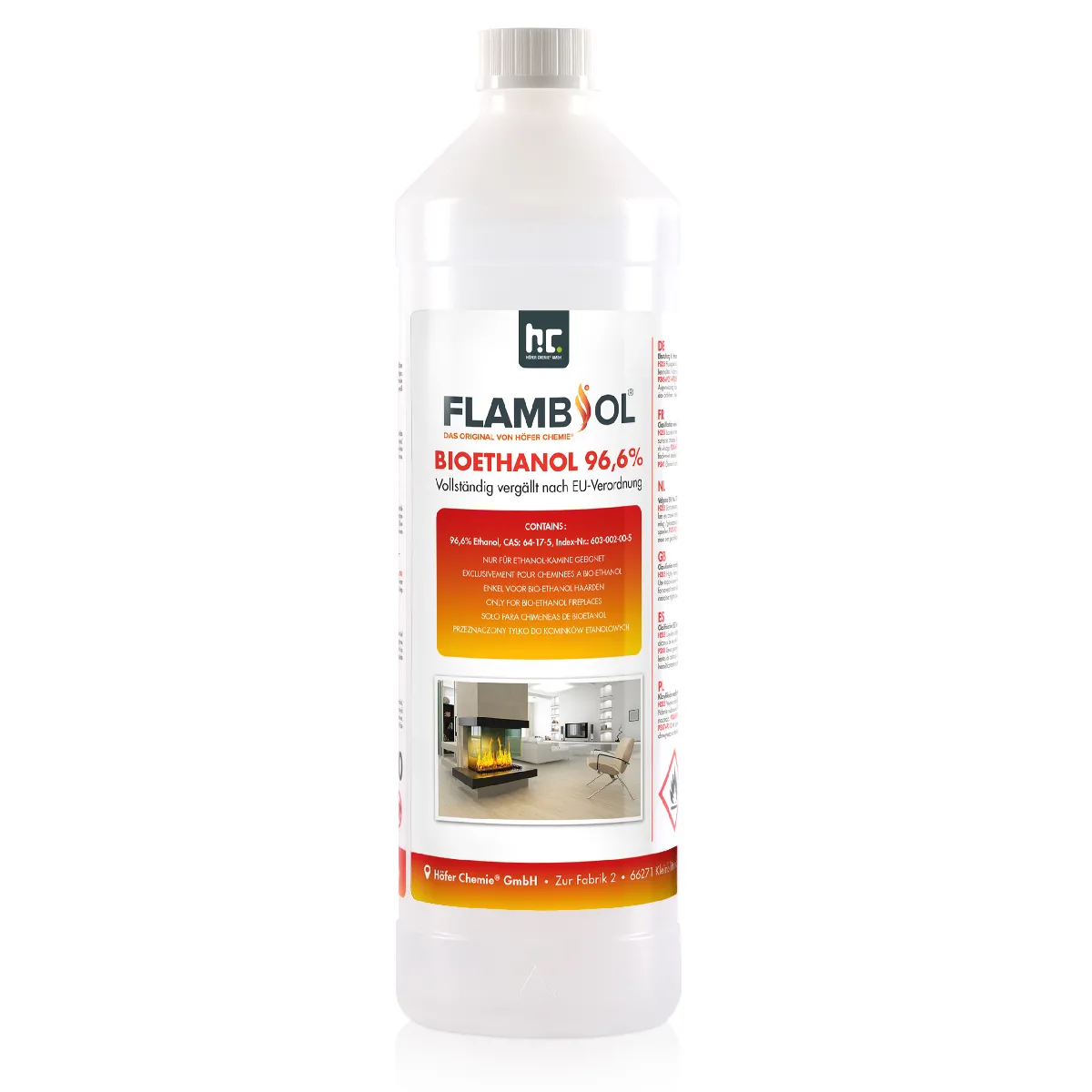 Bioéthanol FLAMBIOL® dénaturé à 96 6% en bouteille de pour cheminées de table