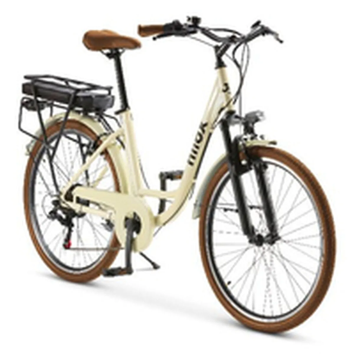 NILOX V&eacute;lo &eacute;lectrique  250 W, autonomie de 65 km, 26 pouces, 6 vitesses, LED beige/marron