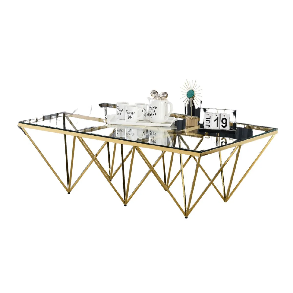 Meilleurs prix pour Table Basse GIZE rectangle Gold et plateau en verre 130X70X42 cm