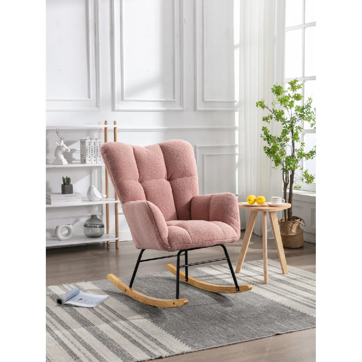Rocking chair en peluche teddy, siège capitonné, 110 kg, rose