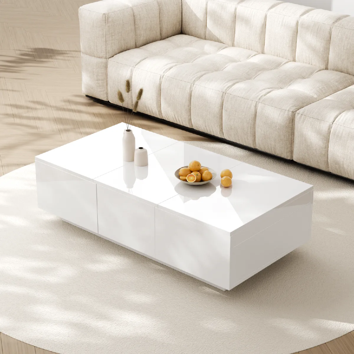Meilleurs prix pour Table basse blanche brillante, rangement push-pull, tiroirs double face, 100x50x31 cm