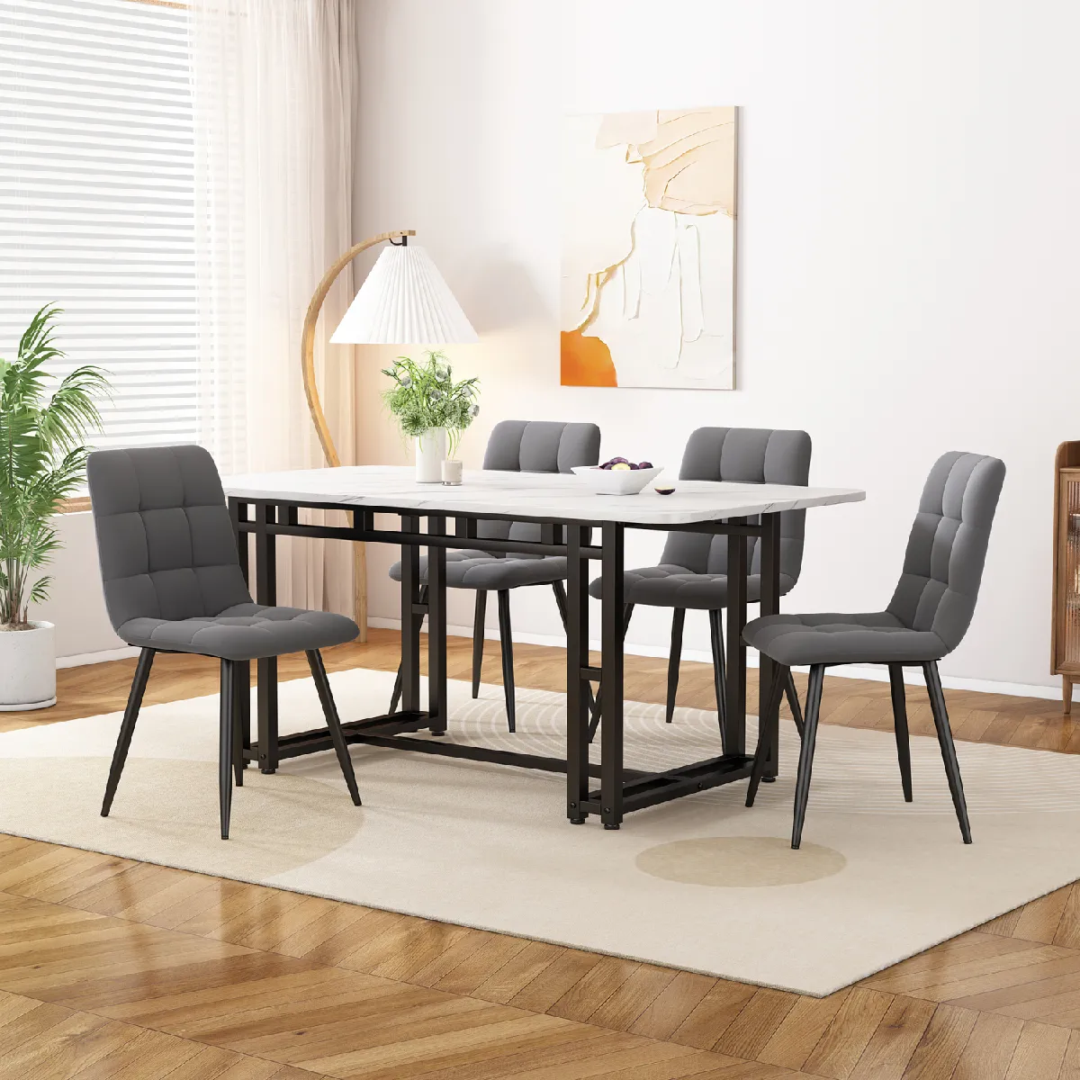 Ensemble table 120x70 cm blanc + 4 chaises velours gris foncé, pieds fer noir