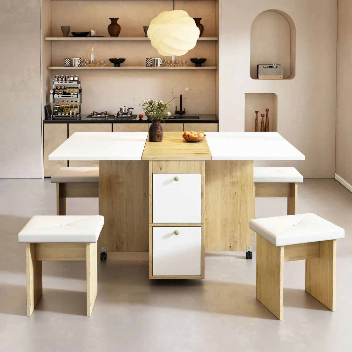 Okwish Ensemble table et 4 chaises - Blanc et chêne