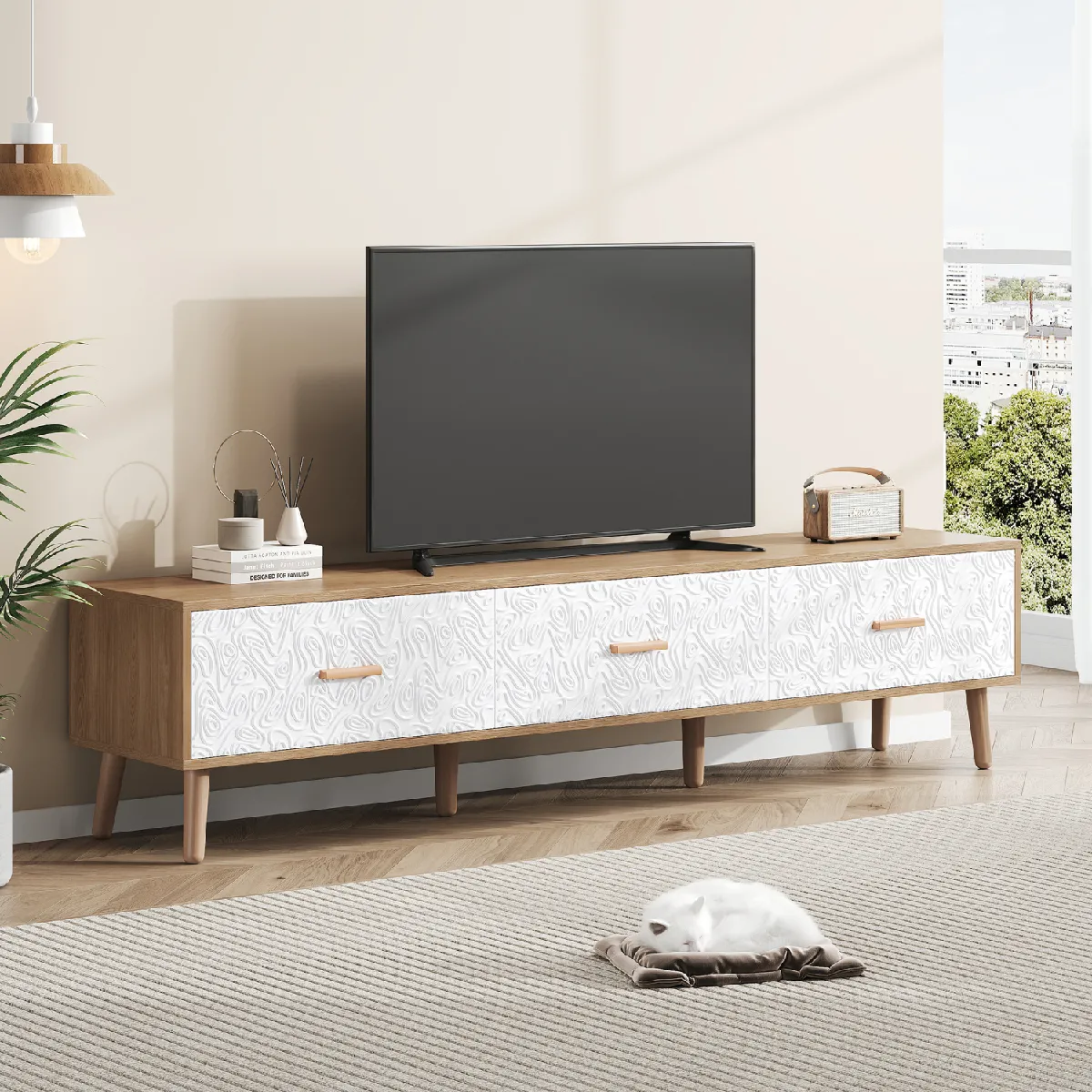 Okwish Meuble TV bas vintage - Blanc