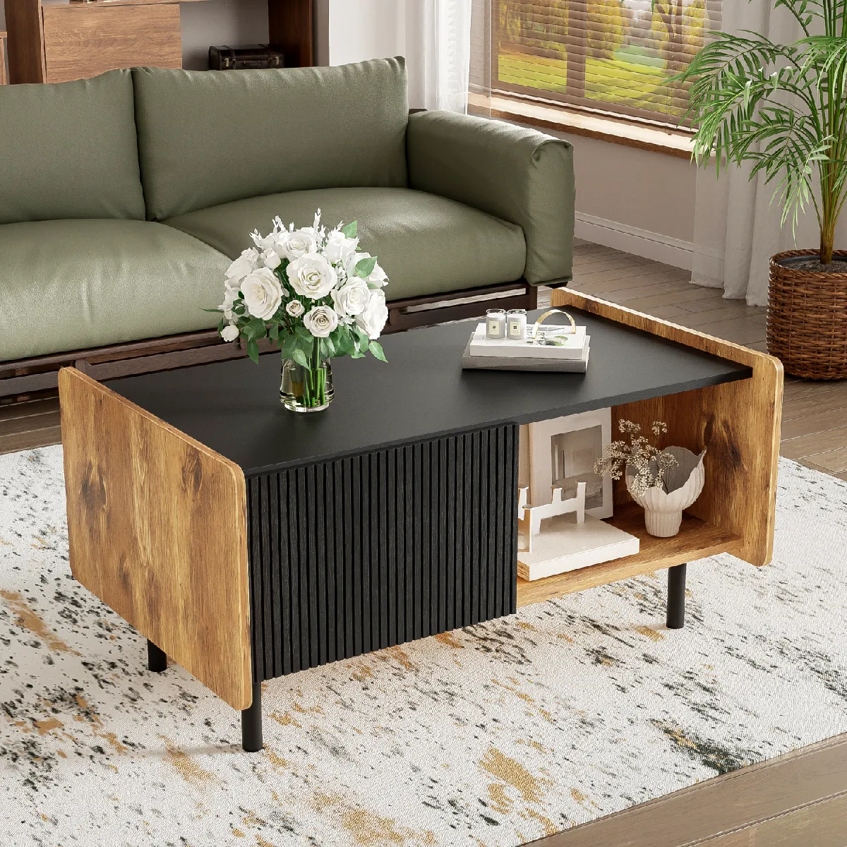 Meilleurs prix pour Table basse noir/bois, 2 rangements ouverts, 2 portes, charnières amortissantes