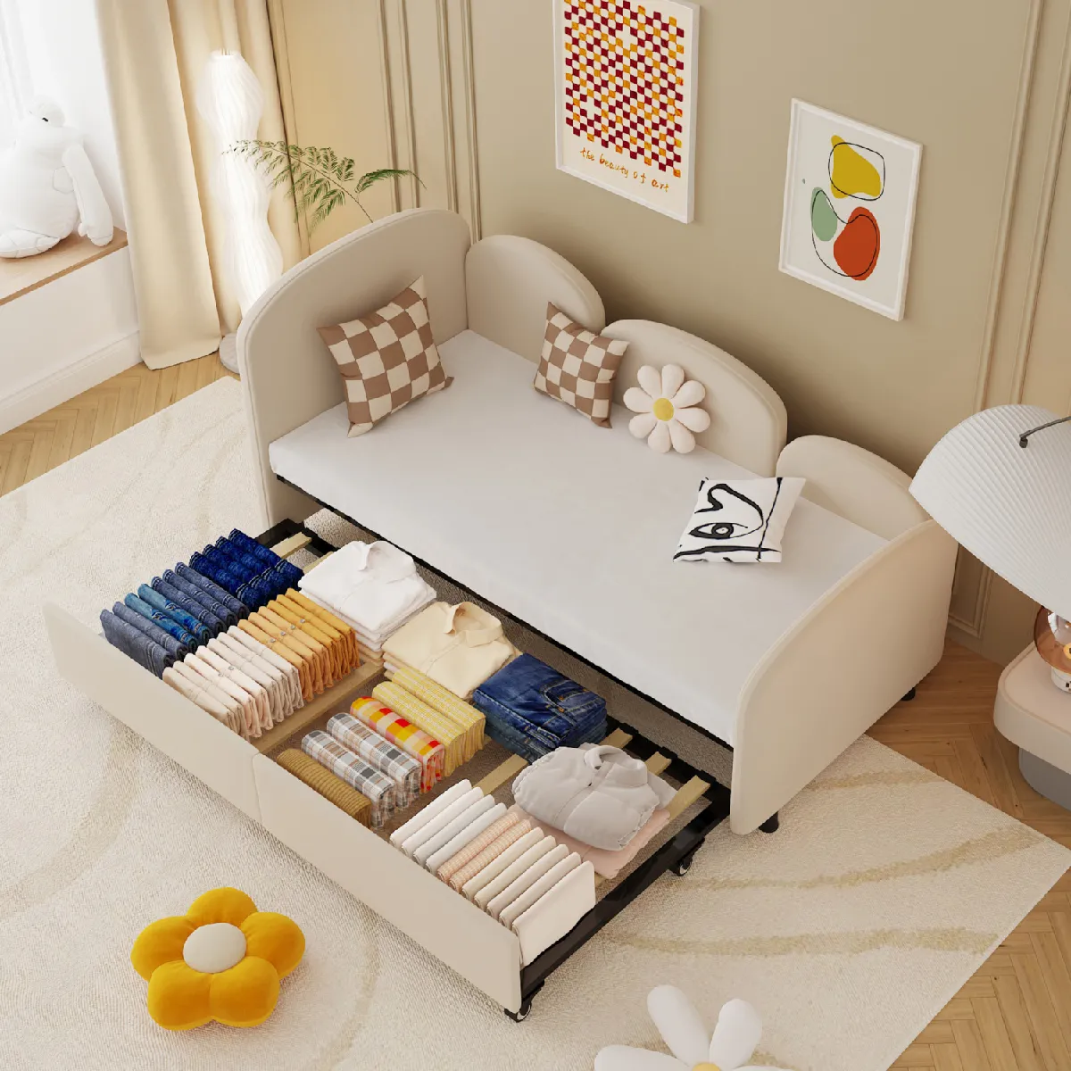 Lit gigogne rembourré 90x200 cm, velours beige, sans matelas Lit gigogne rembourré 90x200 cm, velours beige, sans matelas