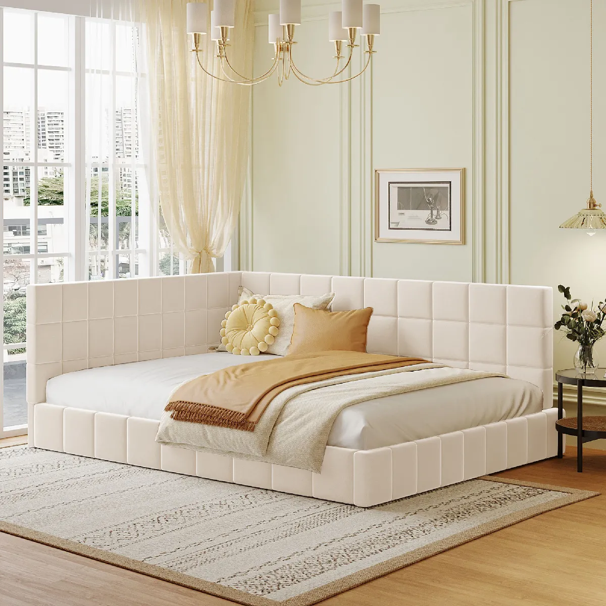 Lit double 140x200 cm - Lit velours - Beige