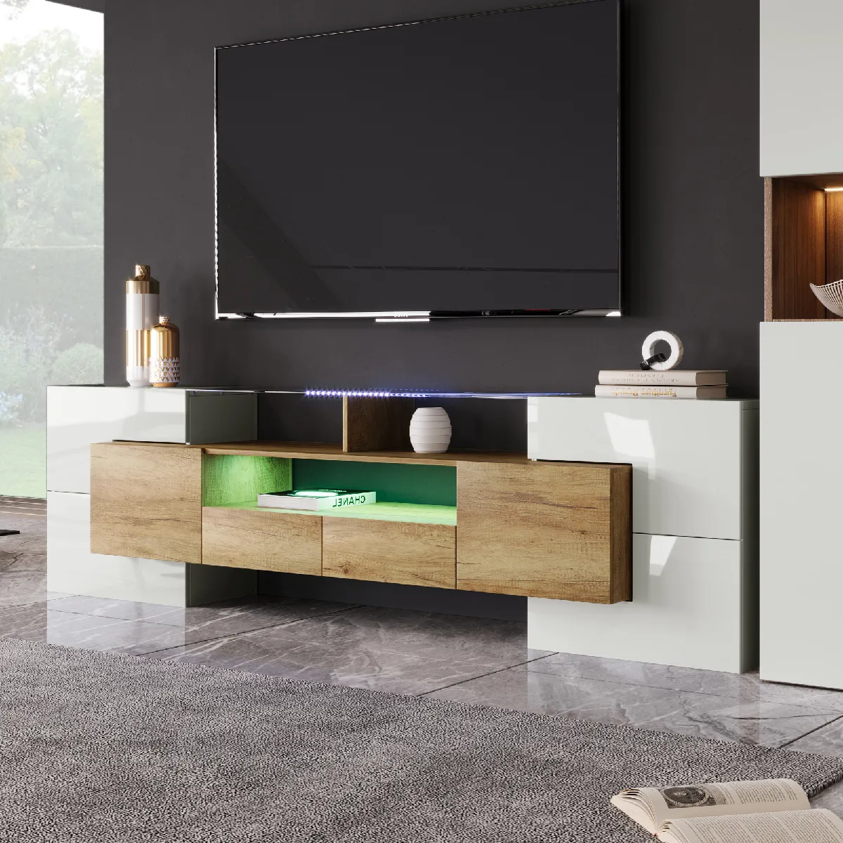 Meuble TV 200 cm blanc/bois, LED, surface verre