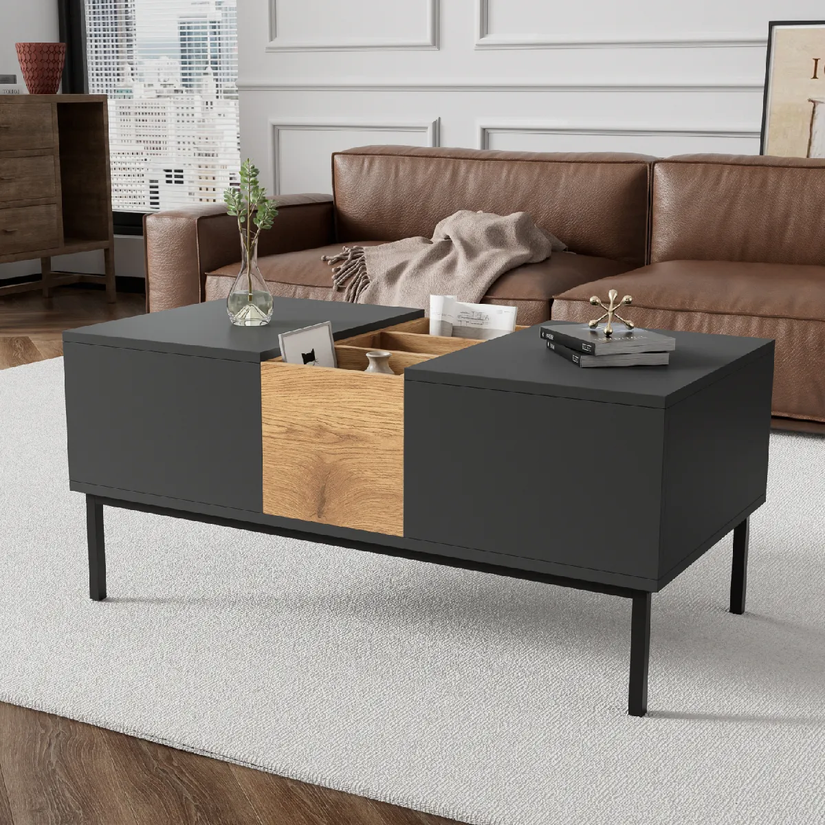 Meilleurs prix pour Table basse 100x50 cm, plateau relevable, 3 rangements ouverts, noir-gris/bois