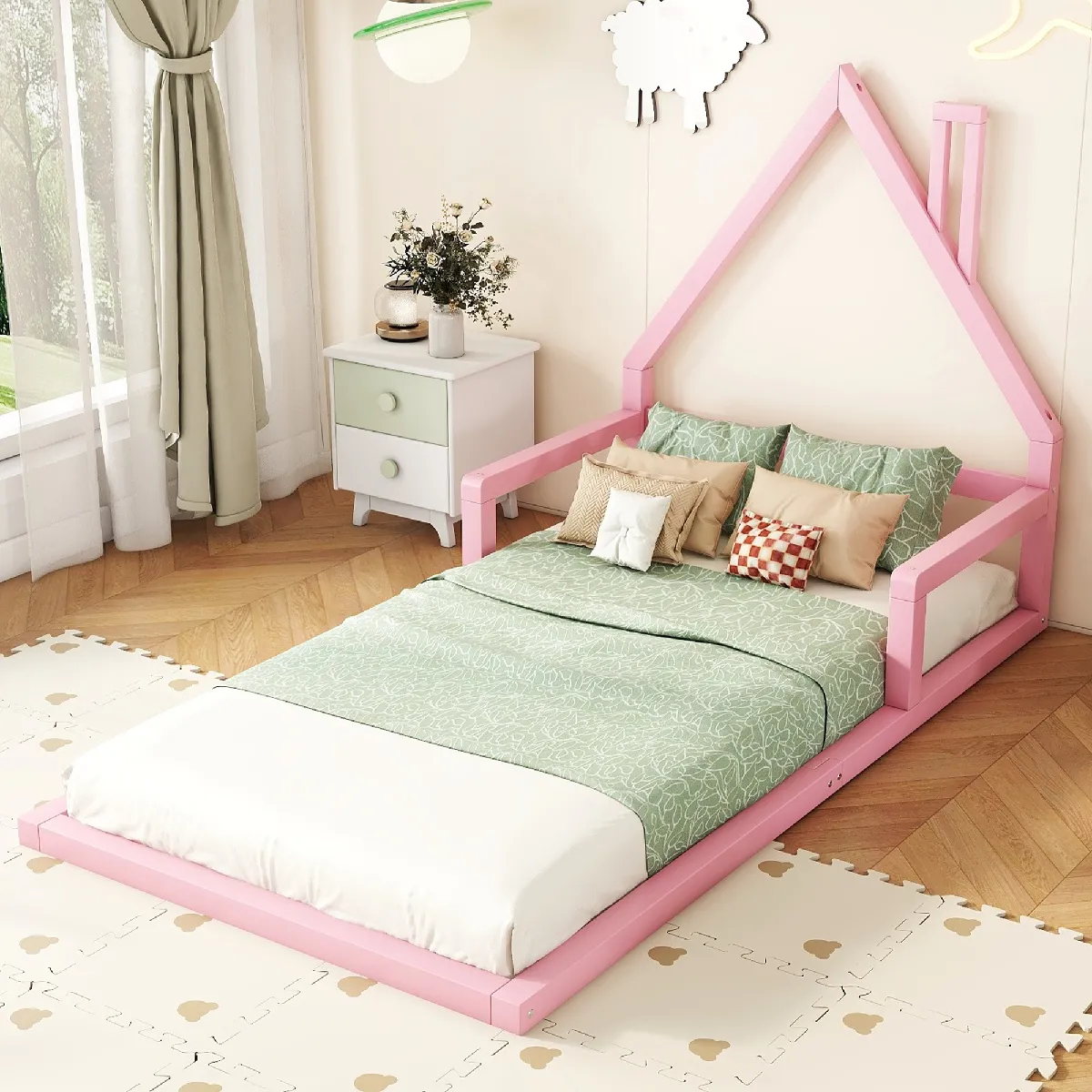 Lit enfant 90 x 200 cm Lit cabane pin - Rose