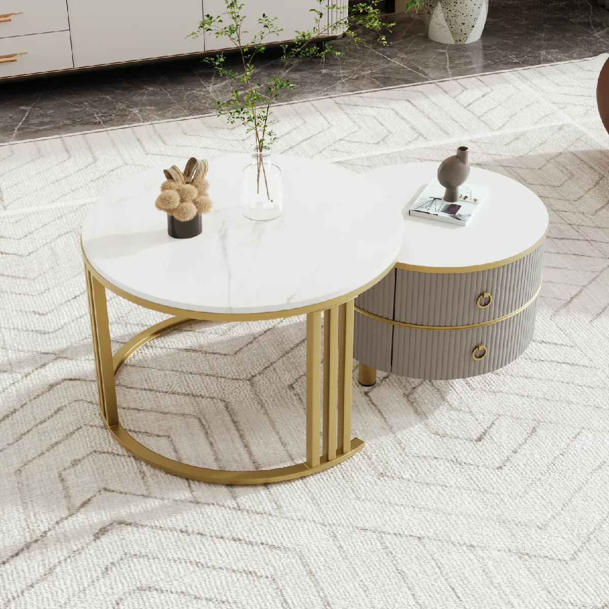 Meilleurs prix pour Table basse gigogne ronde 2 en 1, plateau brillant + marbre, MDF, blanc/gris