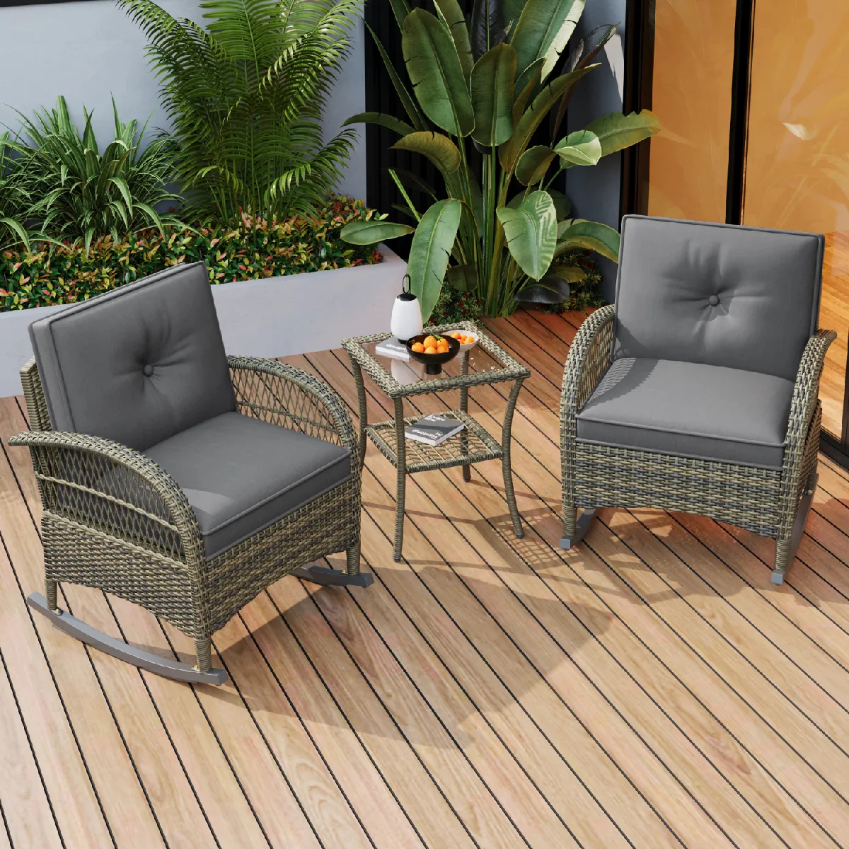 Lot de 3 salon de jardin, 2 fauteuils à bascule rotin + 1 table verre, terrasse/jardin, gris Lot de 3 salon de jardin, 2 fauteuils à bascule rotin + 1 table verre, terrasse/jardin, gris