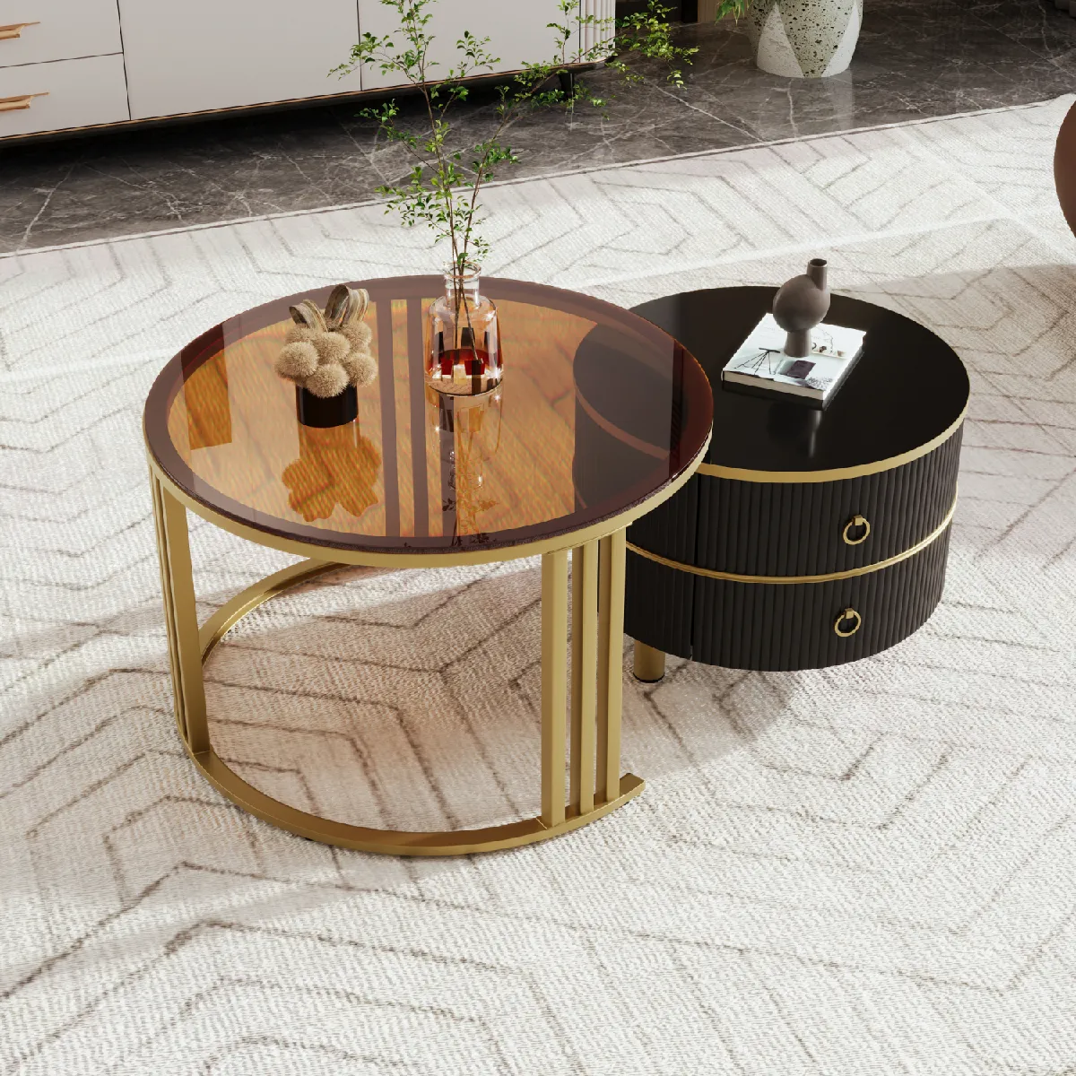 Comparer les prix de Table basse gigogne ronde 2 en 1, plateau blanc + verre trempé marron, 2 tiroirs, noir/or