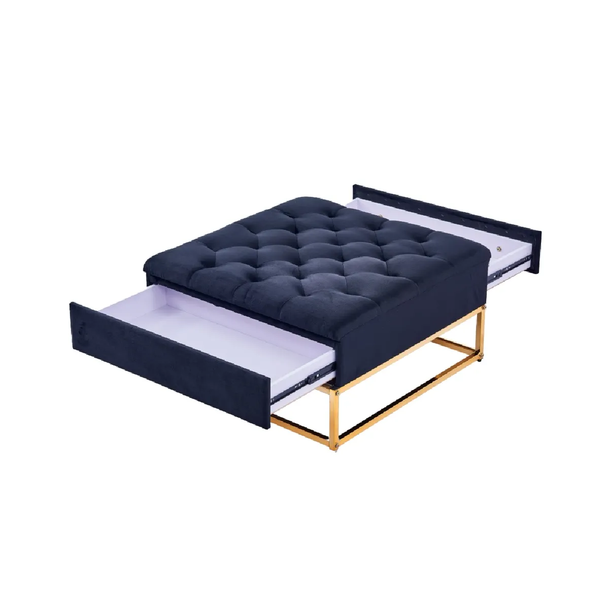 Comparer les prix de Table Basse Rangements Tiroirs Plateau Velours Capitonné Noir Et Pieds Gold