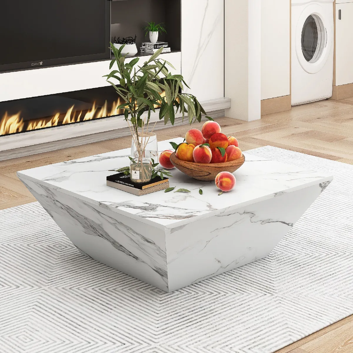 Comparer les prix de Table basse tambour trapézoïdale, placage marbre blanc, 70x70x37 cm