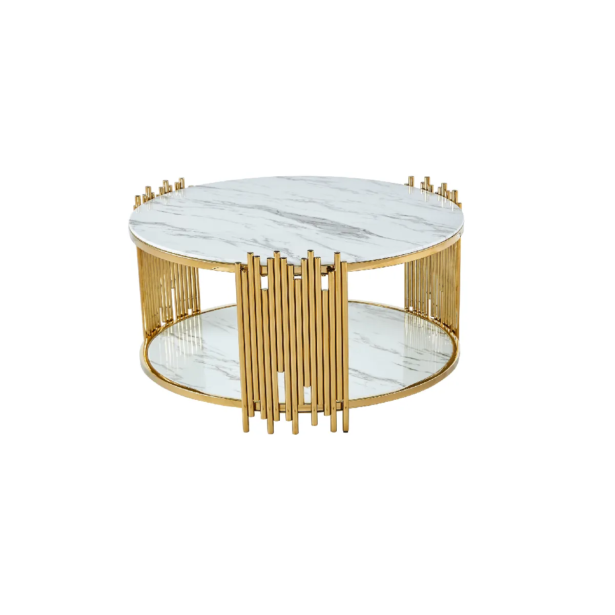 Comparer les prix de Table Basse Ronde Stick Gold Verre Effet Marbre Blanc D90 H45 Cm