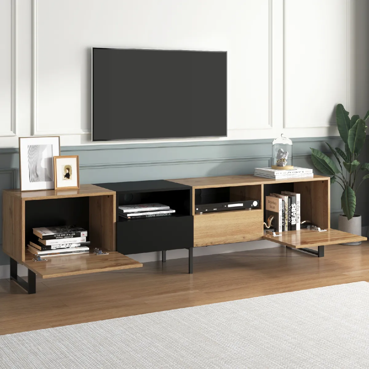 Okwish Meuble TV moderne - noir et bois naturel
