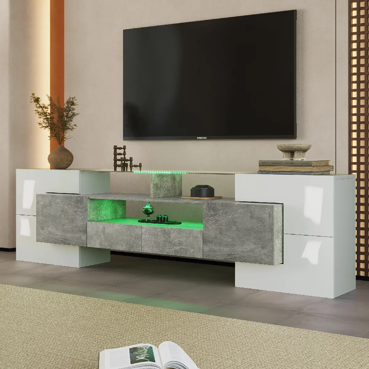 Meuble TV 200 cm blanc/gris, LED, surface verre