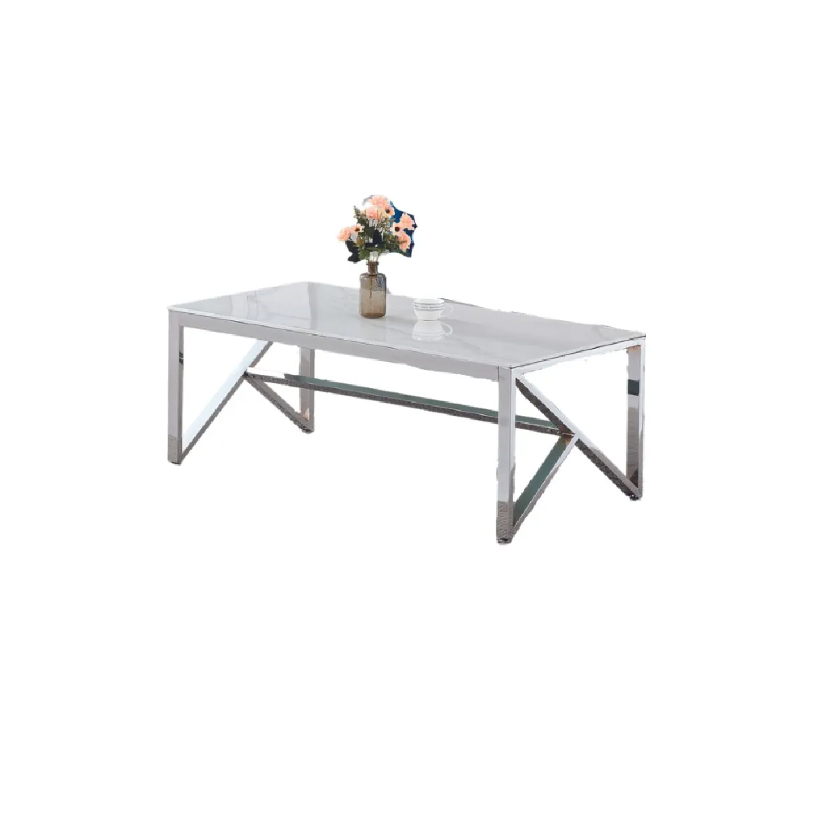 Meilleurs prix pour Table Basse Majestique Chrome Verre Effet Marbre Blanc 120x60x45 Cm