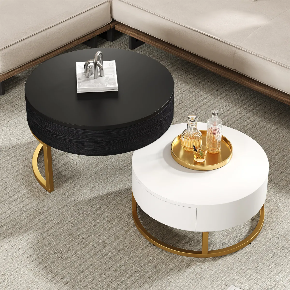 Comparer les prix de Lot 2 tables basses rondes relevables, 2 tiroirs, blanc/noir