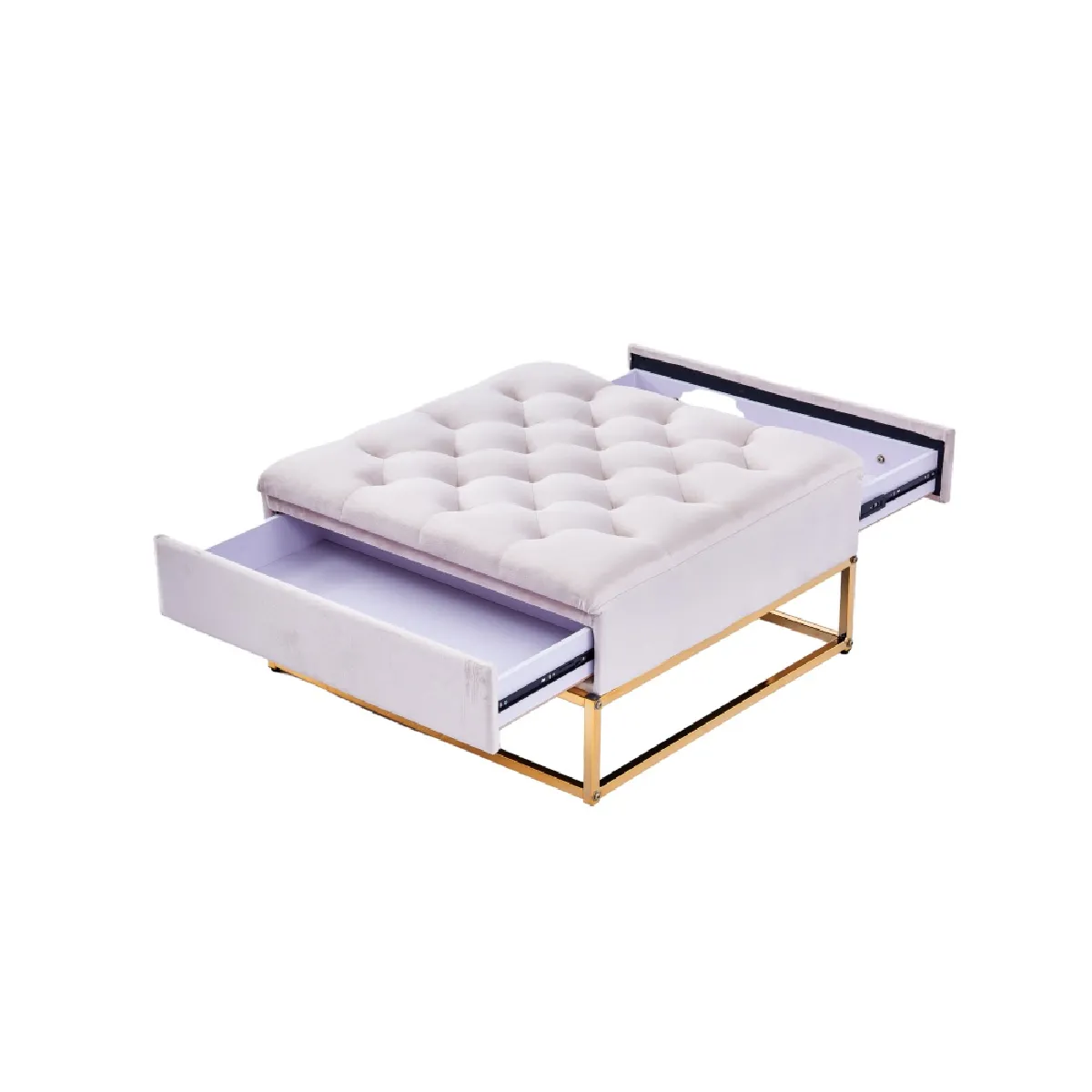 Comparer les prix de Table Basse Rangements Tiroirs Plateau Velours Capitonné Ecru Et Pieds Gold