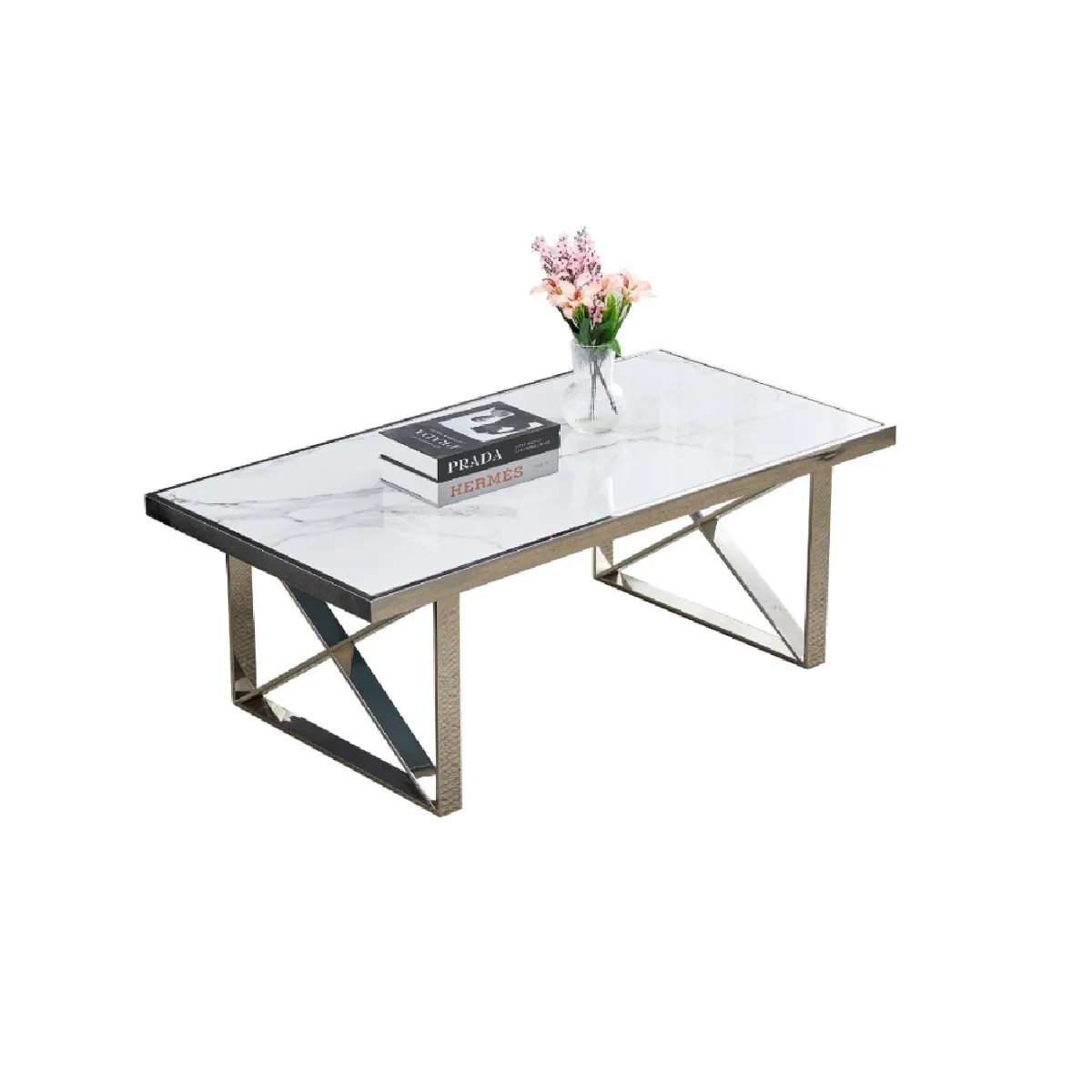 Comparer les prix de Table Basse Levanto Chrome Vere Effet Marbré Blanc 120x60x45cm