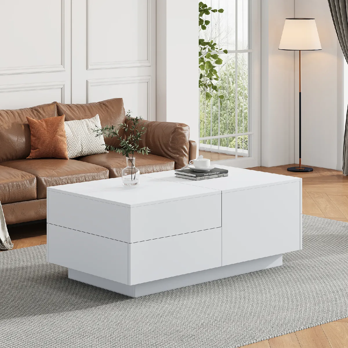 Comparer les prix de Table basse blanche moderne, plateau coulissant, 4 tiroirs