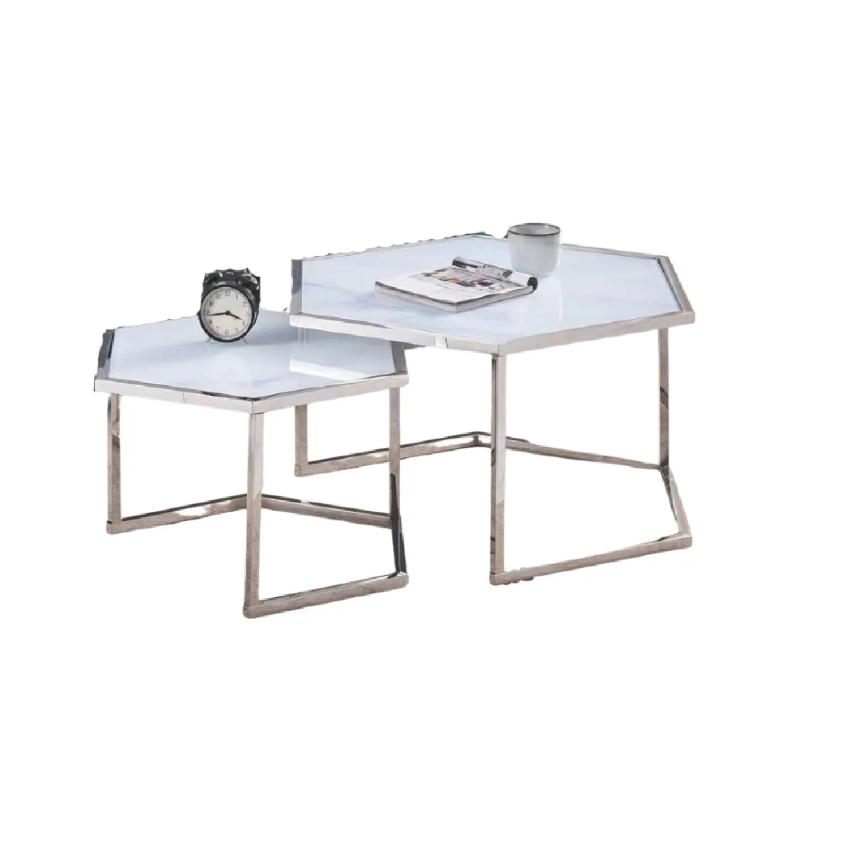 Comparer les prix de Lot De 2 Tables Basses Gigogne Hexagona Structure Chrome Et Plateau Blanc