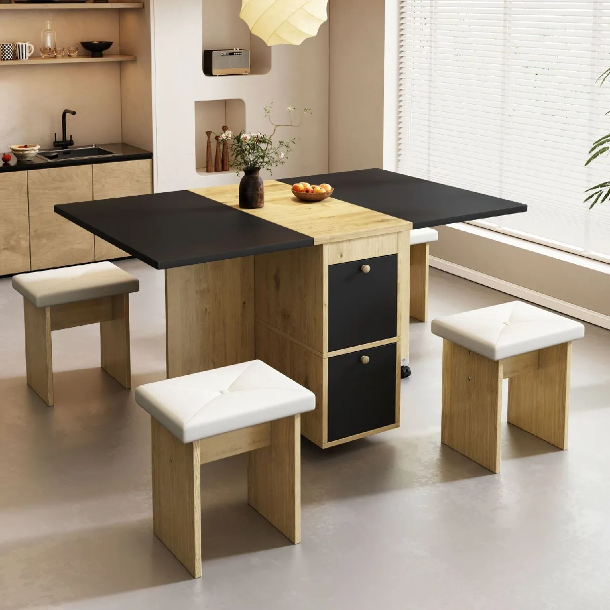 Okwish Ensemble table à manger 4 chaises - blanc chêne et noir
