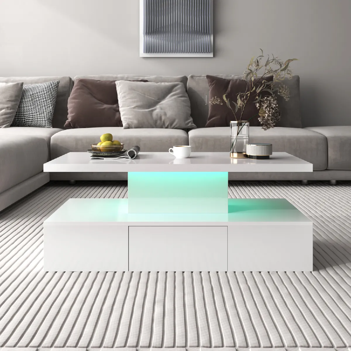 Comparer les prix de Table basse blanche brillante LED, tiroirs, 2 niveaux rangement