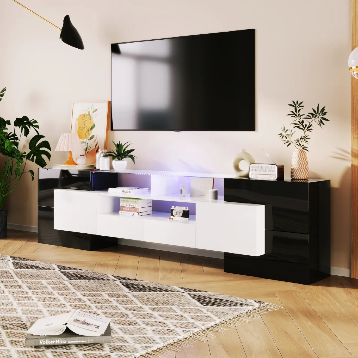 Meuble TV blanc/noir brillant 200 cm, LED, surface verre