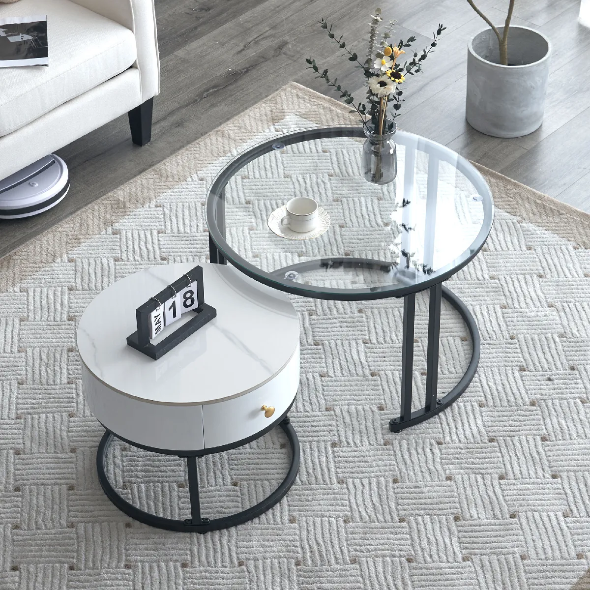 Meilleurs prix pour Lot 2 tables basses gigognes rondes blanches, plateau ardoise marbre/verre, tiroirs bois massif