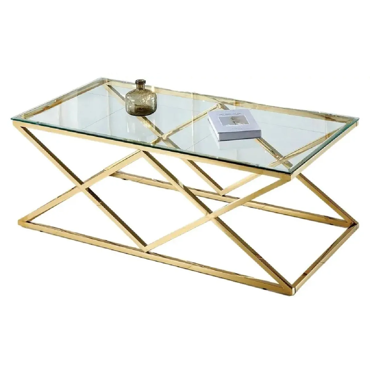 Meilleurs prix pour Table Basse TRIANGLE Gold et plateau en verre 120x60 cm