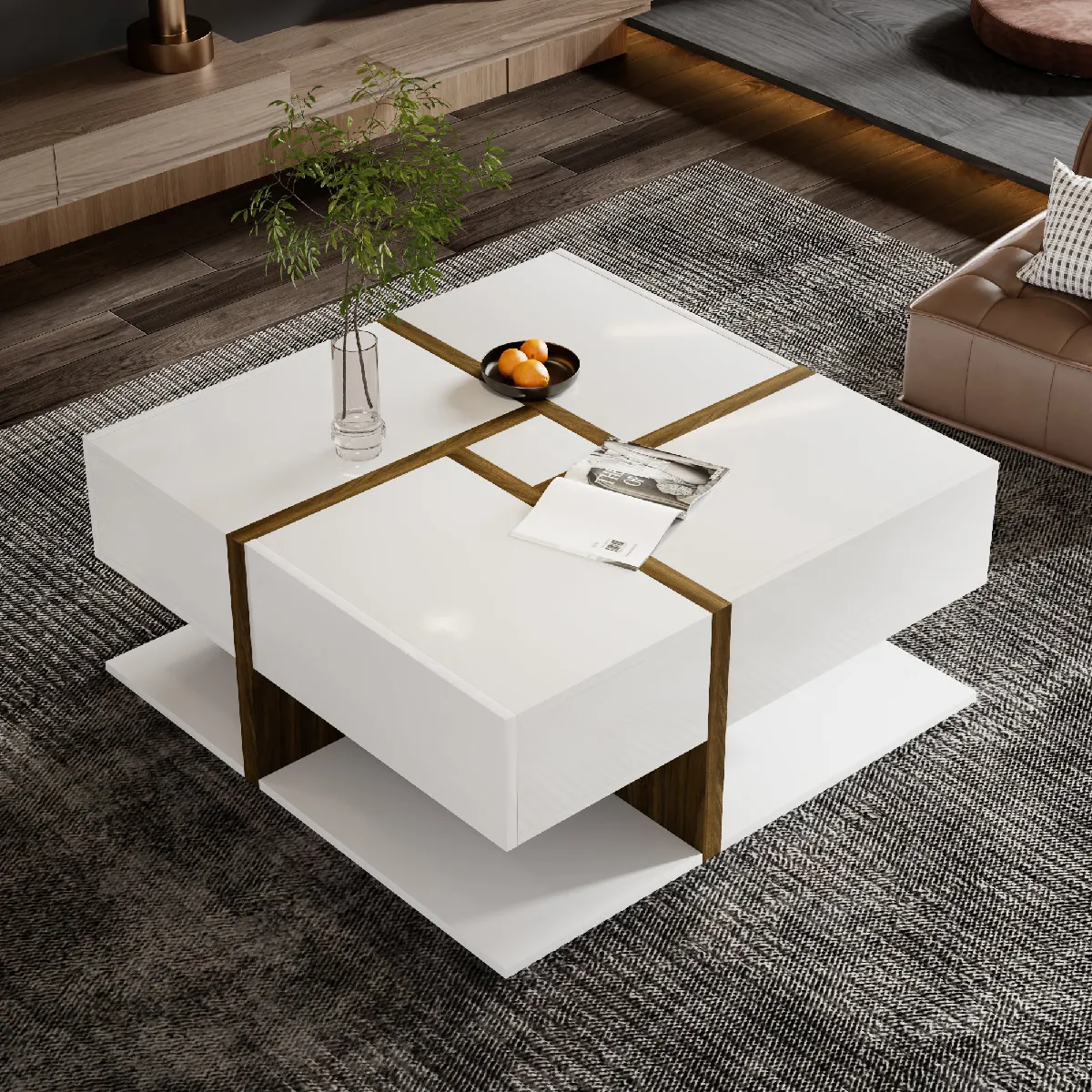 Meilleurs prix pour Table basse blanche intérieur 78x78x34.8 cm, 4 tiroirs, rangement bas