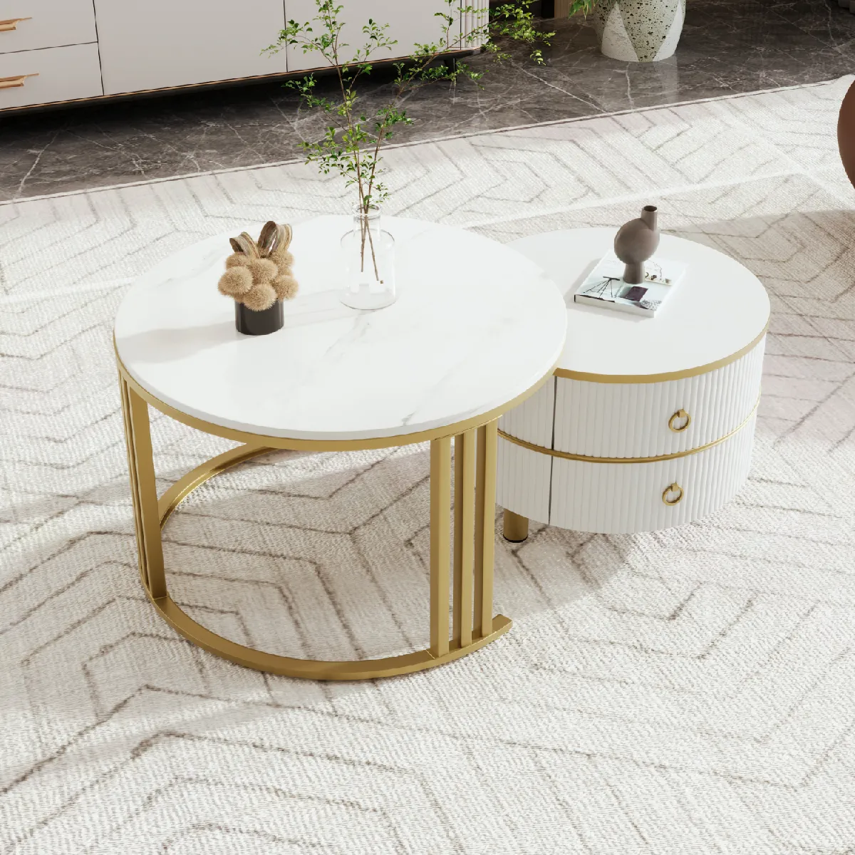 Comparer les prix de Table basse gigogne ronde 2 en 1, plateau brillant + marbre, MDF, blanc/or
