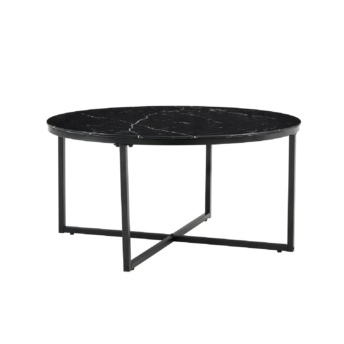 Comparer les prix de Table Basse Ronde Lorie Métal Noir Plateau En Verre Marbré Noir D90 Cm